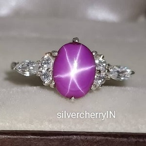 Lindy Pink Star Sapphire Ring: Handmade 925 Sterling Silver, CZ Accents