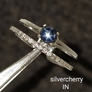 Natural Blue Star Sapphire Ring: Sterling Silver Diamond Accent