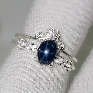Vintage Genuine Blue Star Sapphire Ring, 14k White Gold ring, Natural Star Sapphire ring, Natural Gemstone ring, Gift For Her,Gift for women