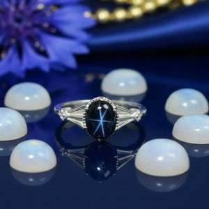 Natural Blue Star Sapphire Ring: 14k White Gold, Moissanite Accents