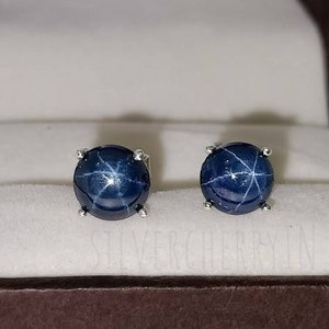 100% Natural Blue Star Sapphire Earrings, Dainty Handmade Studs, 925 Sterling Silver Earrings, Minimalist Studs, Gifts For own,Six Rays Star