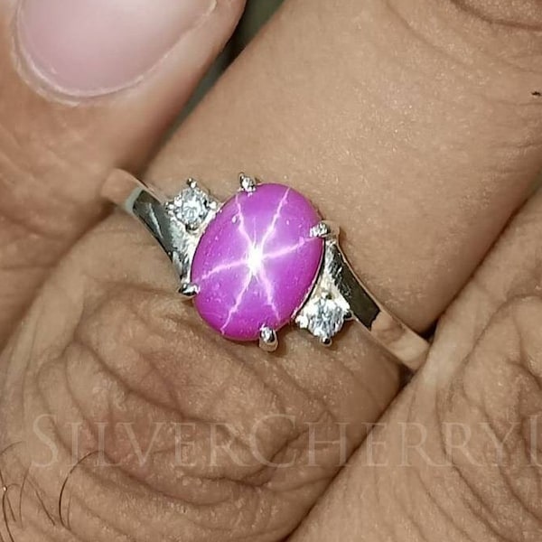 Lindy Pink Star Sapphire Ring, Birthstone Ring, Diamond Ring, 925 Sterling Silver Ring, 6 Ray Lindy Star Sapphire Ring, Engagement Ring