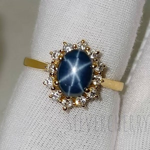 Natural Blue Star Sapphire Ring: 14k Gold, Moissanite Accents