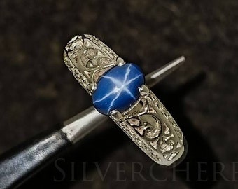 Blue Star Sapphire Ring: Sterling Silver, CZ Diamond Accents