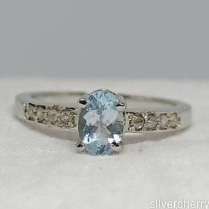 Genuine Aquamarine Ring: 925 Sterling Silver, Diamond Accent