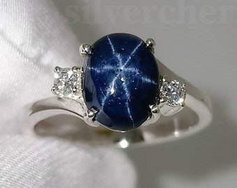 Genuine Star Sapphire Ring 14k White Gold ring Natural Blue Sapphire ring September Birthstone ring Gift For Her Propose ring Gift for own