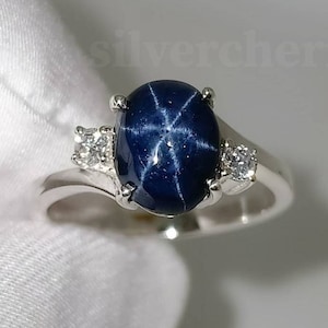 Genuine Star Sapphire Ring 14k White Gold ring Natural Blue Sapphire ring September Birthstone ring Gift For Her Propose ring Gift for own