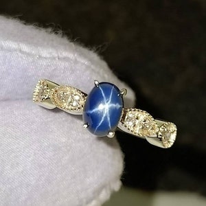 Blue Star Sapphire Engagement Ring: CZ Diamond, 925 Sterling Silver