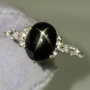 Oval Black Star Sapphire Ring: Sterling Silver CZ Statement Ring