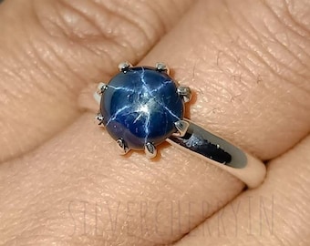 ビルマ産スターサファイア スターリングシルバーリング - サイズ8 US