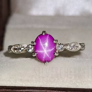 Lindy Pink Star Sapphire Ring: Handmade 925 Sterling Silver, CZ Diamond