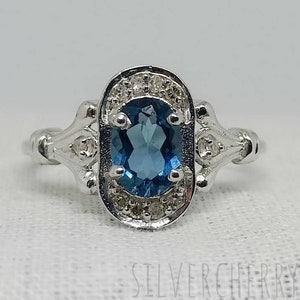 London Blue Topaz Ring: Natural Diamond, 925 Sterling Silver Band