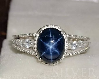 Genuine Star Sapphire and Diamond Ring-925 Sterling Silver Ring-Diamond Ring-Promise Ring-Gift For Her-Propose ring for Her- Birthday Gift