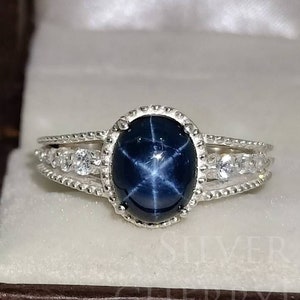 Sternsaphir Ring: Sterling Silber, Moissanit Diamant Akzente