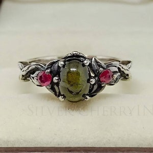 Green Tourmaline Ring: Sterling Silver, Ruby Accent, Handmade