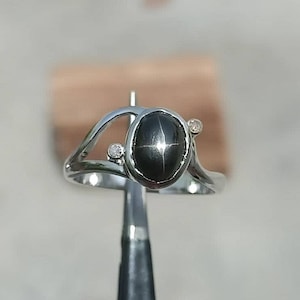 Black Star Sapphire Ring: Sterling Silver & Zircon Accents