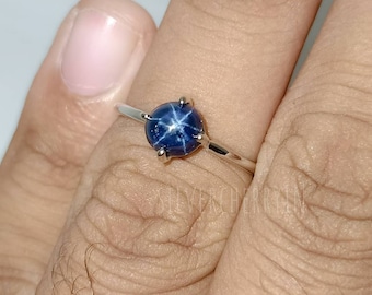Genuine Blue Star Sapphire Ring, Natural Star Sapphire ring, 14k Gold White Gold ring, Natural Gemstone ring, Gift For Her, Gift for Own
