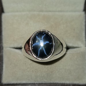 Men&#39;s Genuine Blue Star Sapphire Ring, Natural Lindy Star Ring , 6 Rays Star Sapphire Ring, Silver Ring, Star Gemstone Ring, Gift For him