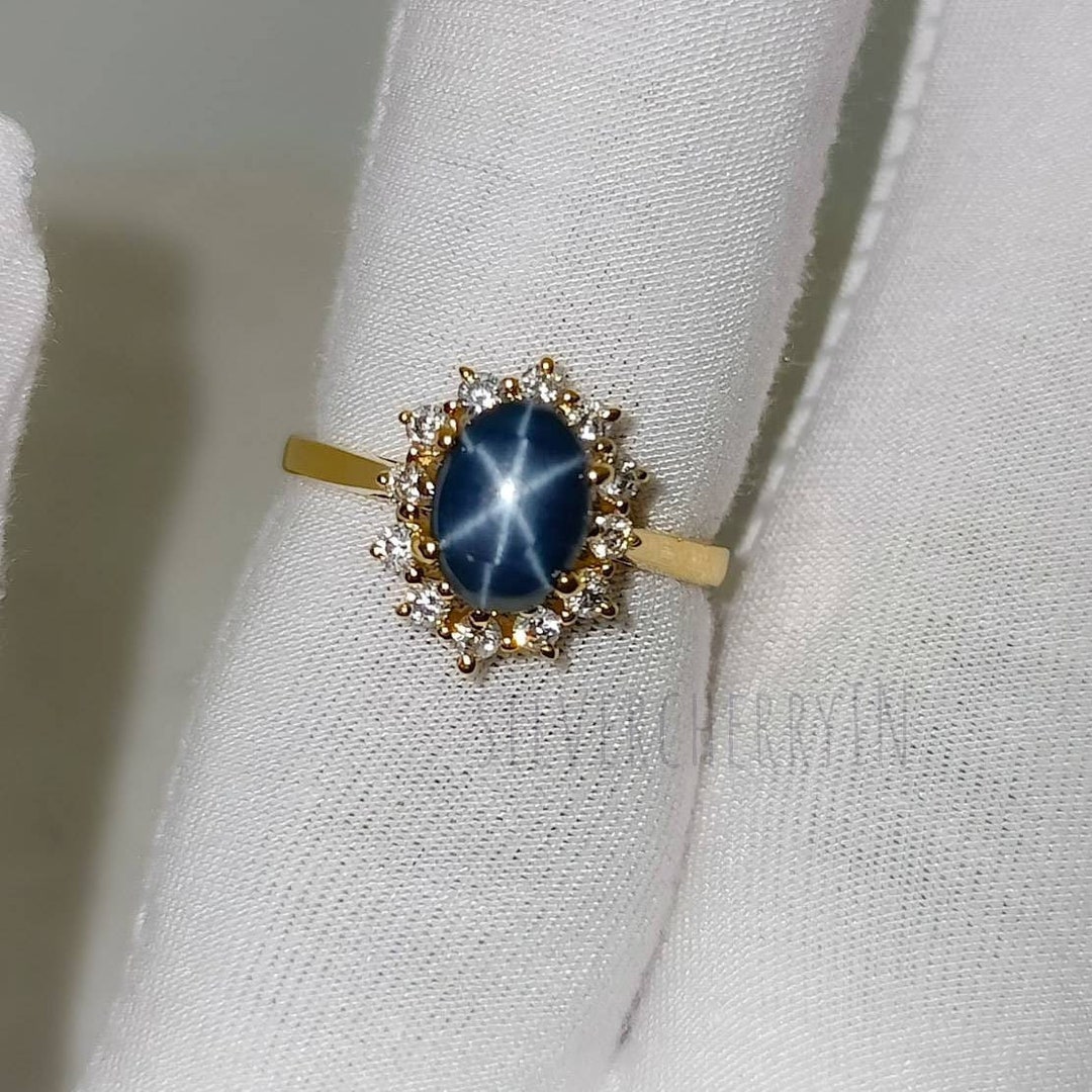 14k Rose Gold Blue Star Sapphire Engagement Ring Set Oval Shaped Blue Star Sapphire Wedding Ring Set Art Deco Leaf Style Engagement Ring Set