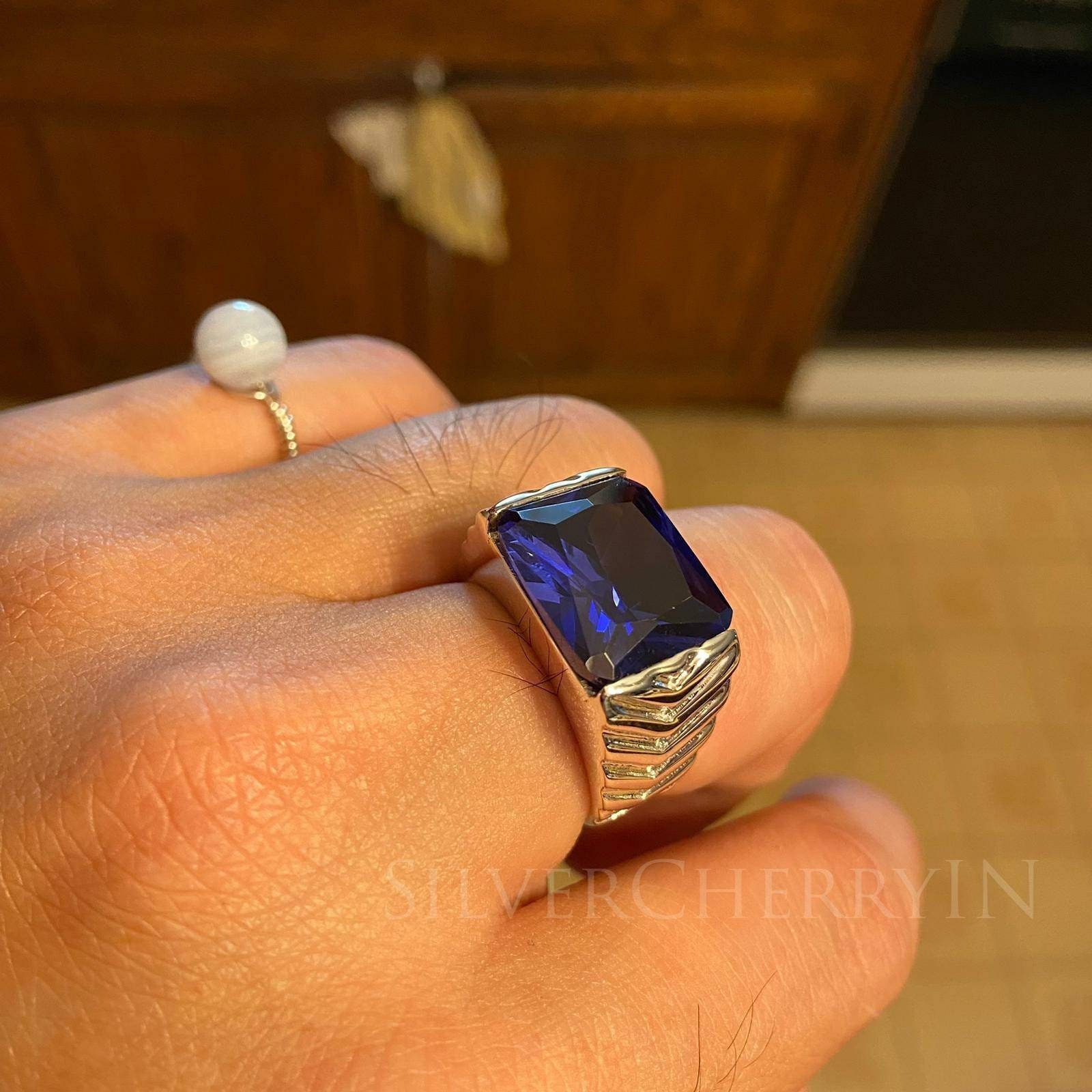 Blue sapphire silver cheap ring for men