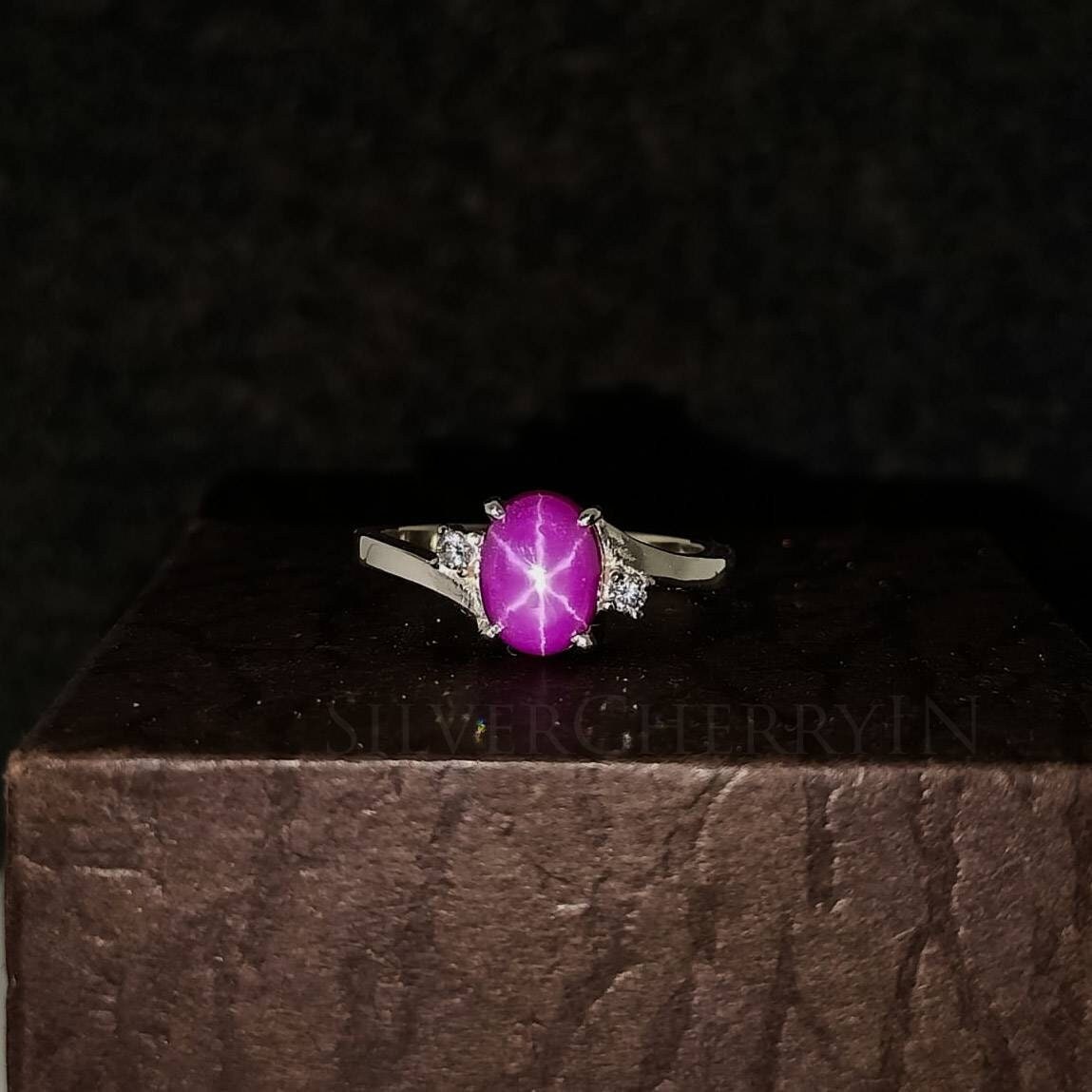 Pink Star Sapphire Ring Lab Created Pink Lindy Star Ring Sterling Silver  Ring | eBay