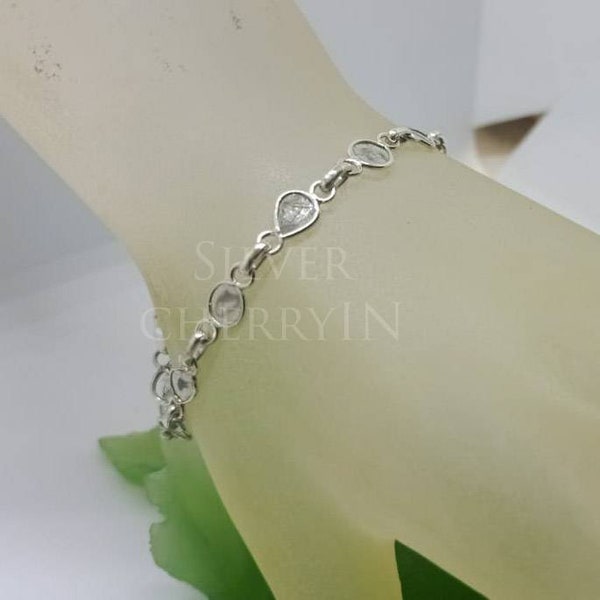 Natural Flat Diamond Bracelet, 925 Sterling silver Bracelet,  Handmade Chain Bracelet, Gift For her, Birthday Gift, Gift For own.