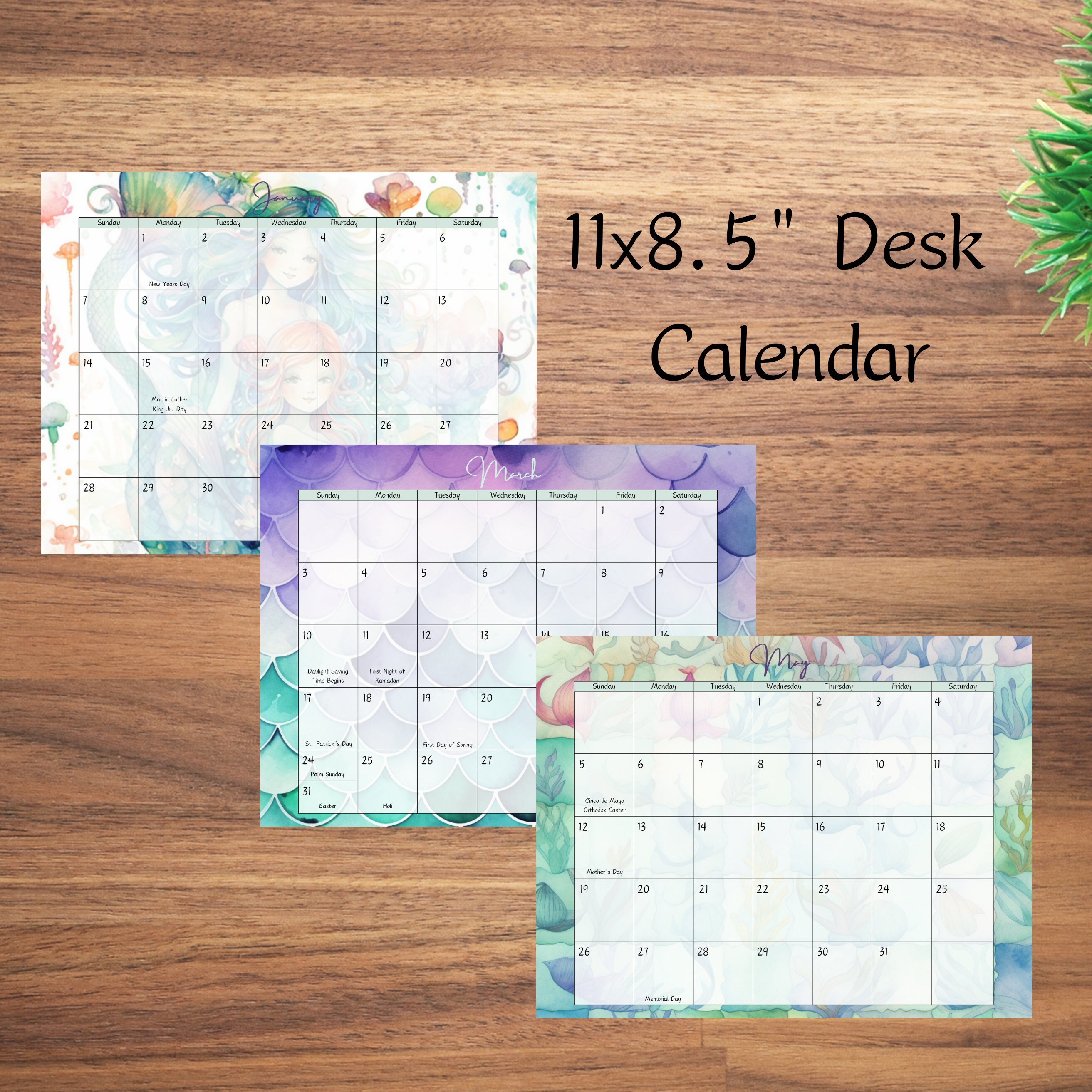 2024 Printable Mermaid Desk Calendars, Monthly Calendar, Artsy, Instant ...