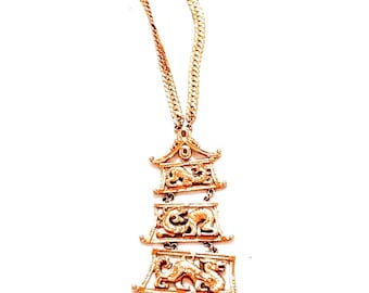 Monet Dragon Pagoda Tapered Pendant Necklace Y Lariat 3D Articulated
