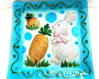 Fused Glass Easter Plate: 3D Bunny Rabbit & Carrots - 8" Square