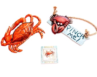 3D Metal Crab Wall Decor: Vivid Orange Folk Art, Nautical Beach Theme
