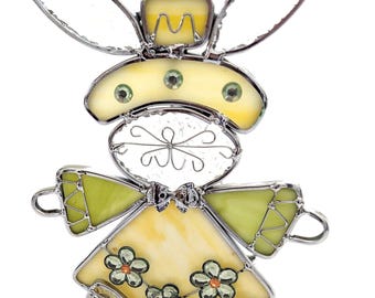 Folk Art Mama Bunny Candle Holder: Leaded Stained Glass, Jeweled Easter Decor