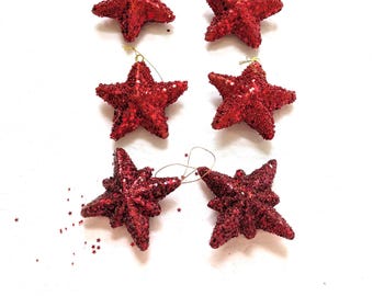 Christmas Ornaments Lot 6Red Stars Glittered Decorative Beaded Glass Acrylic