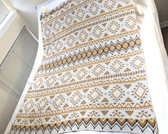 Throw Blanket Woven Knitted Reversible Tassels Geometric Pattern Monochromatic Beige Shades