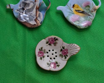 3Tea Bag Holder Dish Pink Roses Porcelain Strainer Gold Finch/Koala Melamine Teapot Shaped