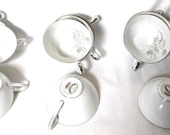 Wentworth Silver Wheat Tea Cup Set: White Porcelain, Silver Rim, Japan, 6 Cups