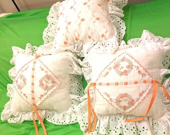 Embroidered Floral Lace Pillow Set: Peach & White Ruffle Accent Pillows