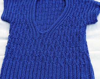 Hand Knitted Royal Blue Vest: Diamond Pattern Acrylic Top (S/M)