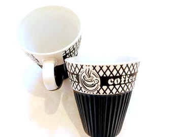 Black & White Porcelain Coffee Mugs, Today's Home, Set of 2