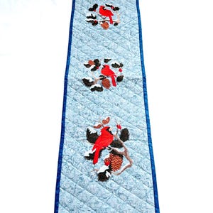 Embroidered Cardinal Quilted Table Runner: Winter Folk Art Decor (30x9")