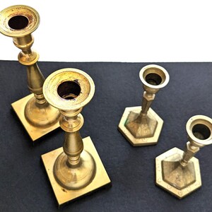 2 PAIRS Solid Brass CANDLE STICKS; Japan Brass Pair/Square base & Pair Hand Etched Design of flowers/bamboo twigs/leaves Hexagonal base 60&#39;s