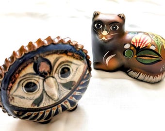 Vintage Tonala Mexican Folk Art Cat Or Owl Figurines: Hand-Painted Ceramic Decor