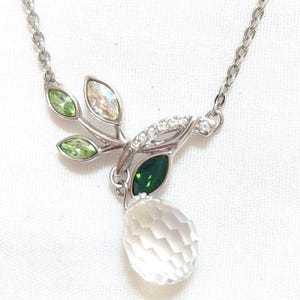 Dainty Swarovski Crystal Necklace Clear Crystal Ball Green Leaves  S T Metal Swan Symbol Clasp Desirable Any Season/Event/Age Gift Elegant