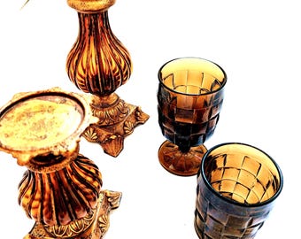 Trudy Hall Candle Holder Pair & Viking Smoked Glass Goblets: Cottagecore Boho Decor