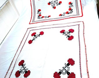 Handmade Romanian Folk Art Cross-Stitch Table Top: Floral Boho Decor