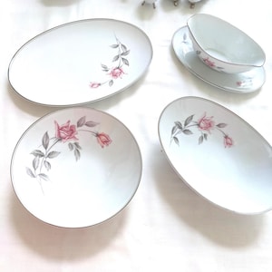 Noritake China/Japan 6044 Rosemarie 4 different pcs Gravy Boat Oval Small Platter Large Round Bowl Large Oval Bowl Silver/Gray Rim Pink Rose