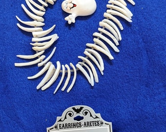 UV GLOW Halloween Jewelry Set: Puka Shell Necklace, Ghost Brooch, Earrings