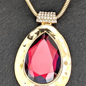 Ruby Red Lucite Medallion Necklace: Gold Tone CZ Snake Chain, 33" Retro Statement