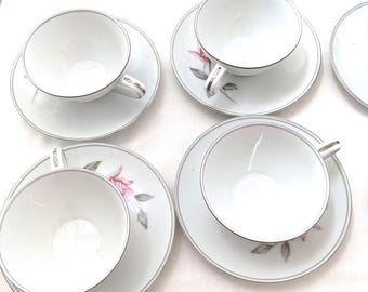 Noritake 6044 Rosemarie Demitasse Cup & Saucer Set Silver Rim Pink Roses