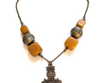 Articulated Cross Pendant Necklace 22"L Butterscotch Bakelite Copper Bronze Composite Brutalist Chunky Archaic Moroccan