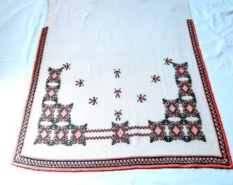 Hand Cross-Stitch Tablecloth: Ladybug Floral Folk Art, Retro Cottage Decor